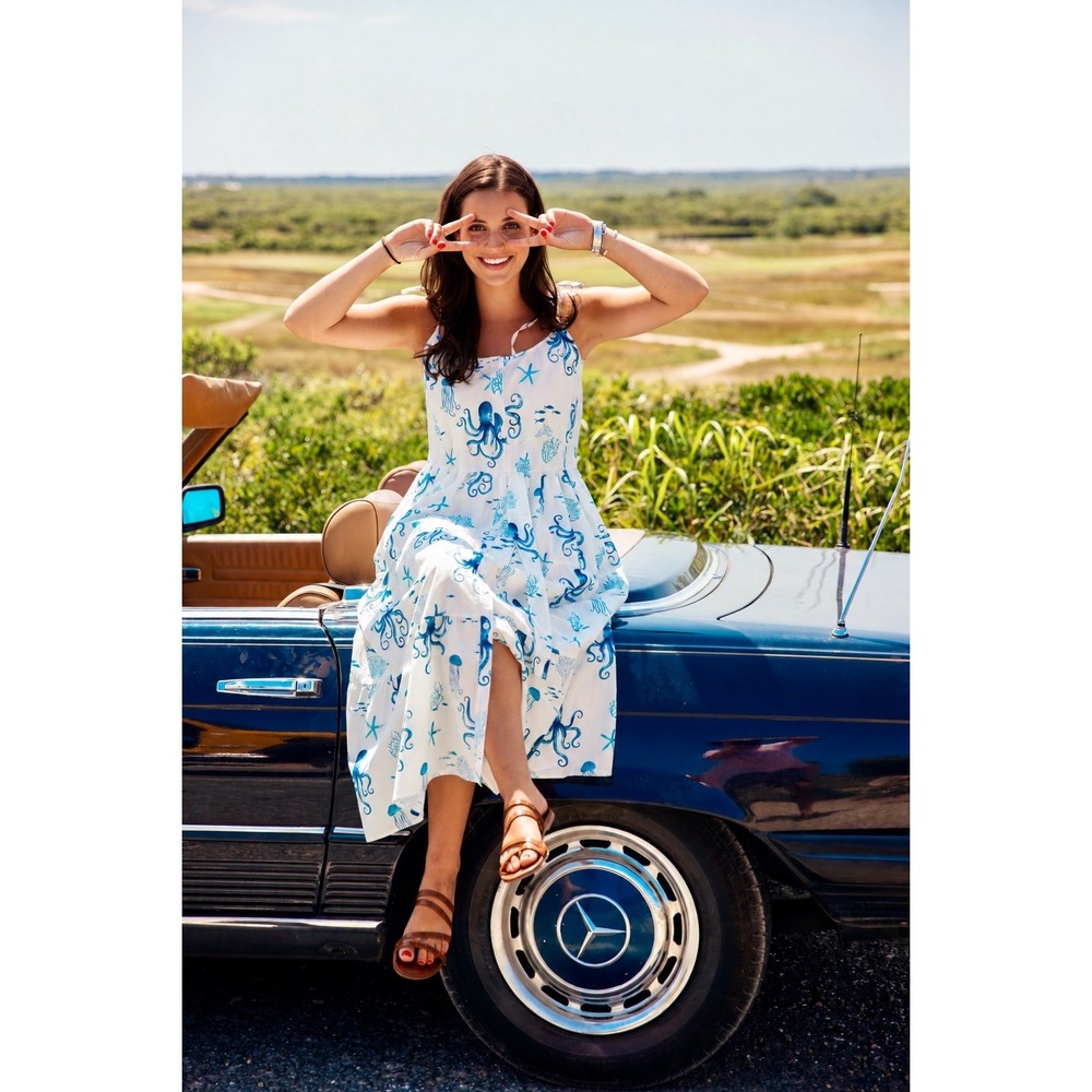 Kiel James Patrick Octopus Garden Silk Cotton Maxi Dress Blue White NWOT Sz M